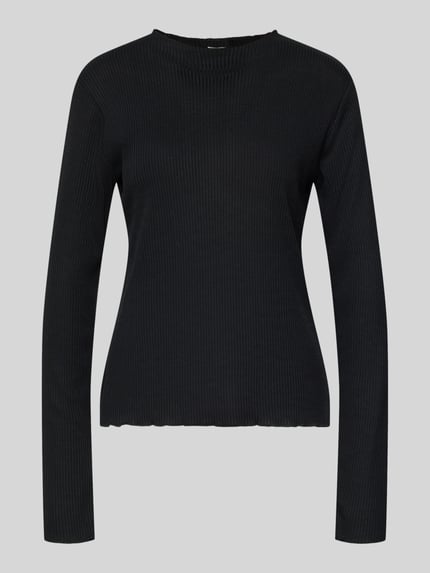 Productfoto, Slim Fit Langarmshirt mit Viskose-Anteil van s.Oliver RED LABEL, effen zwart, ribbreisel, frill zoom en manchetten