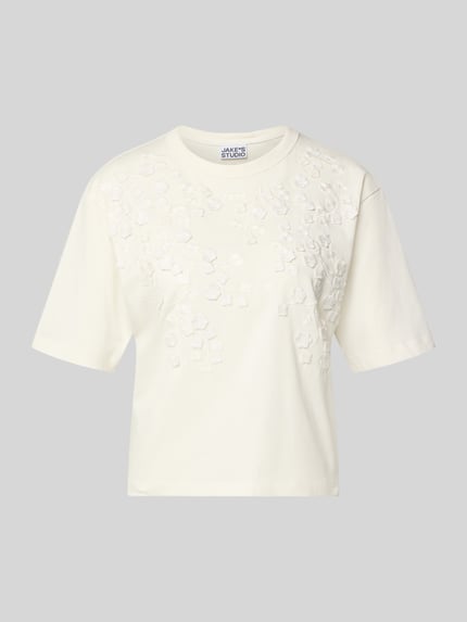 Produktfoto, T-Shirt mit Rundhalsausschnitt von JAKE*S STUDIO WOMAN, bawełna, prosty krój, rękaw 1/2, długość tyłu w rozm. S: 52 cm, kolor kremowy, delikatna faktura