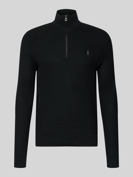 Produktfoto, Sweter z dzianiny z wyhaftowanym logo, bawełna, krój regular fit, prążkowane wykończenia, stójka, krótki zamek błyskawiczny, Strickpullover mit Label-Stitching von Polo Ralph Lauren, długość tyłu 70 cm, długość rękawa 68 cm