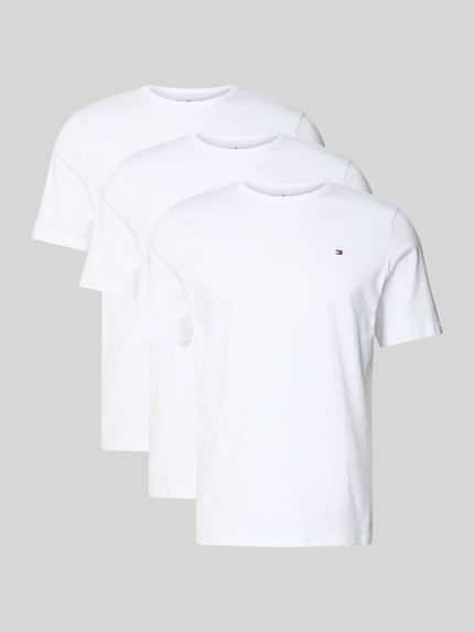 Produktfoto, T-Shirt Set aus reiner Baumwolle im 3er-Pack von Tommy Hilfiger, efekt: jednolity kolor, krój regular fit, detal z logo, okrągły dekolt, krótki rękaw, wielopak: 3 szt., wykończenie materiału: dżersej, czysta bawełna