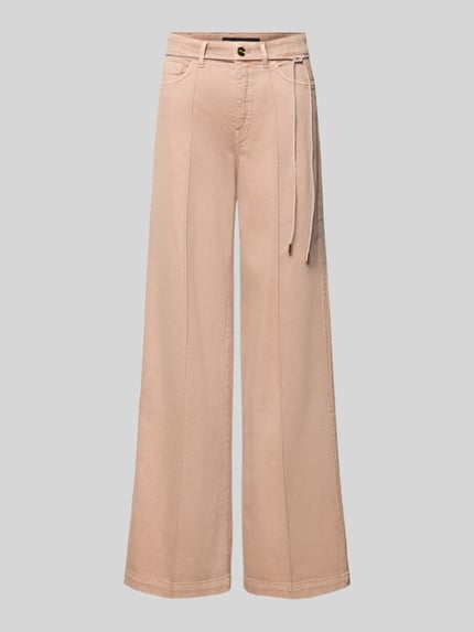 Produktfoto, Wide Leg Jeans mit 5-Pocket-Design von Marc Cain aus Baumwoll-Elasthan-Mix in Beige, lockerer Schnitt, Stoffgürtel, neutrale Oberfläche