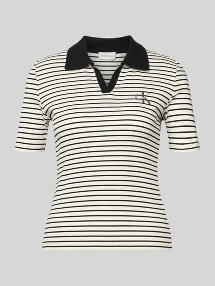 Produktfoto, Slim Fit Poloshirt mit Label-Stitching von Calvin Klein Jeans, zwart-wit gestreept, riblook, mix van katoen en elastaan, V-hals
