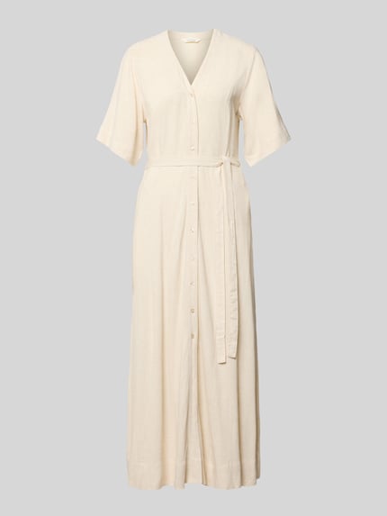 Produktfoto, Regular Fit Leinenkleid mit V-Ausschnitt Modell 'VIVA' von Selected Femme in Optik: Unifarben, Maxi-Länge, Knopfleiste, Bindegürtel, Ärmelform: Ohne, seitliche Eingrifftaschen, Material: Viskose-Leinen-Mix