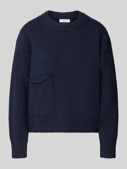 Productfoto, donkerblauwe zachte Strickpullover met opgestikte zak Modell 'FRANKIE' van Topshop, relaxte fit, ronde hals, damespullover, wolmix