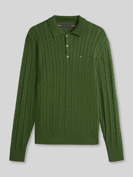 Produktfoto, Regular Fit Strickpullover aus reiner Baumwolle von Tommy Hilfiger, grün, Zopfmuster, Polokragen, Unifarbe, Strickstruktur