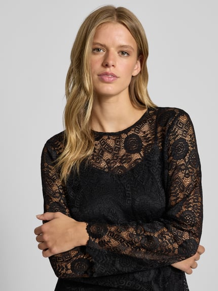 PIECES Regular fit blouse met lange mouwen van kant, model 'OLLINE' BLACK - 3