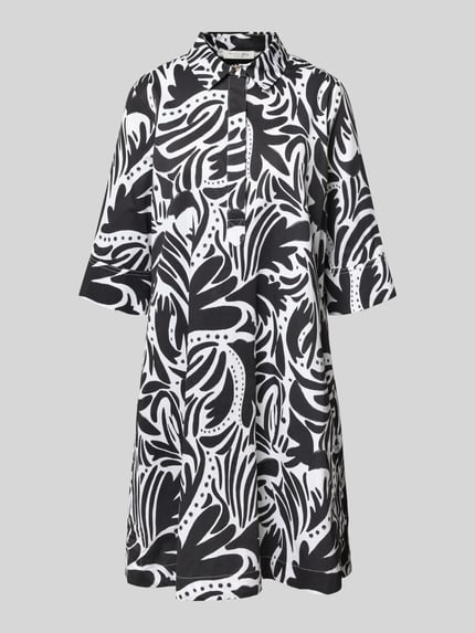 Produktfoto, Knielanges Hemdblusenkleid mit verdeckter Knopfleiste von Christian Berg Woman, zwart-wit patroon, puur katoen, straight fit, knielengte, overhemdkraag, 1/2-mouwen, ruglengte maat 36: 95 cm, borstwijdte maat 36: 54 cm, mouwlengte maat 36: 40 cm