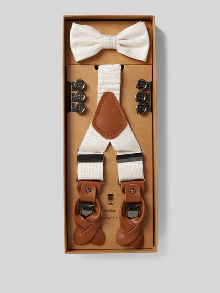 Prince Bowtie Fliege mit Hosenträgern im Set aus reiner Seide Weiss 1