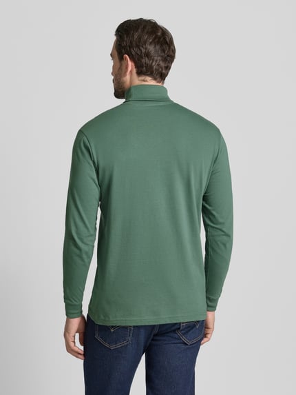 Männermodel draagt Longsleeve met rolkraag van RAGMAN in groen, pure katoen, regular fit, geribde mouwuiteinden, volledige rugaanzicht.