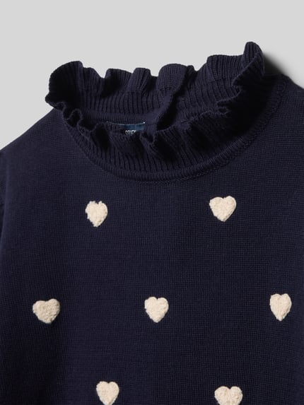 Productfoto, Regular Fit Longsleeve in Strick-Optik van Blue Seven, katoen, donkerblauw met geborduurde hartjes, ruches kraag, elastische boorden.