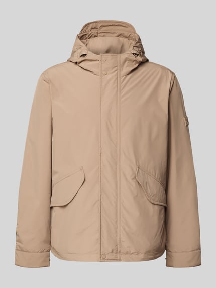 Produktfoto, beige Regular Fit Funktionsjacke mit Kapuze von Tommy Hilfiger, unifarben, wasserabweisend, zweiwege-Reißverschluss, Druckknöpfe, Logo-Patch