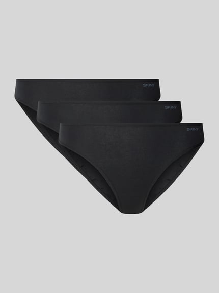 Produktfoto, drei schwarze Slips aus Baumwoll-Mix mit Logo-Print im 3er-Pack von SKINY, glatte Oberfläche, Slim Fit, Damenwäsche