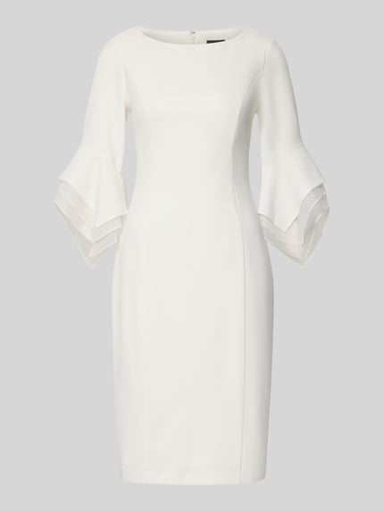 Produktfoto, Cocktailkleid mit Rundhalsausschnitt von Adrianna Papell, weiß, taillierter Schnitt, Material-Mix mit Stretch-Anteil, 1/2-Ärmel, Nahtreißverschluss, Rückenlänge 100 cm, Brustweite 46 cm, Ärmellänge 49 cm.