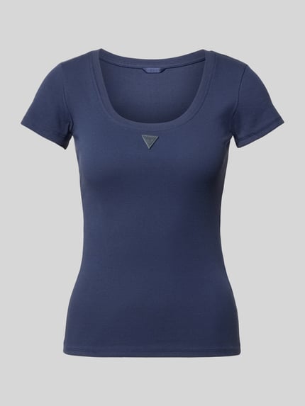 Produktfoto, Slim Fit T-Shirt mit Logo-Applikation von Guess aus elastischem Baumwoll-Mix, dunkelblau, Rundhalsausschnitt, glatte Textur