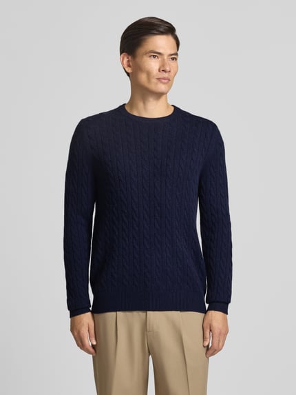 Christian Berg Men Slim Fit Strickpullover aus reinem Kaschmir mit Zopfmuster Marine 4