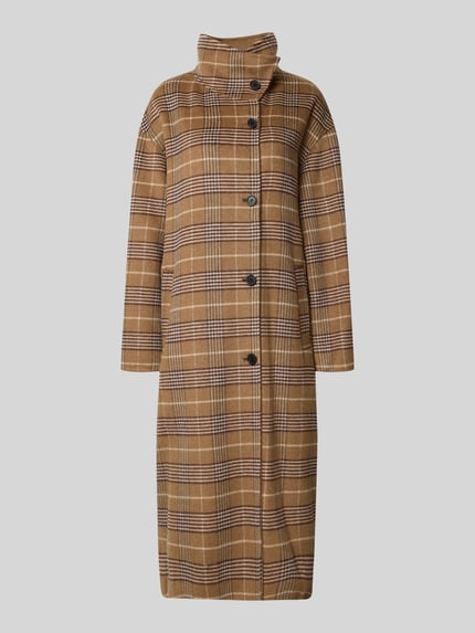 Produktfoto, Regular Fit Mantel mit Woll-Anteil von Jake*s Collection in braun-beigem Tartan-Allover-Muster, einreihige Knopfleiste, Umlegekragen, Bindegürtel, Gürtelschlaufen, Eingrifftaschen, langarm, strukturierte Oberfläche