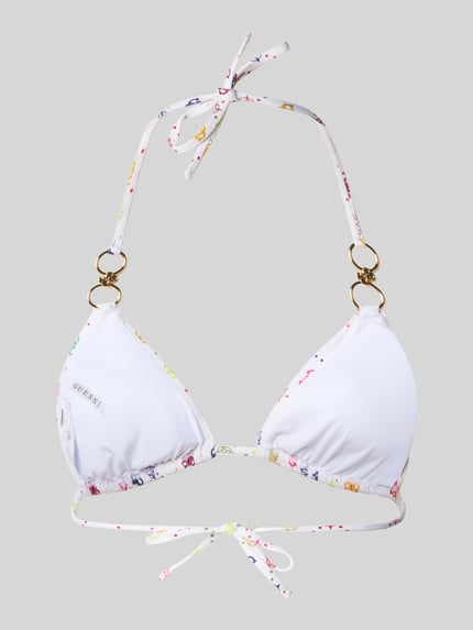 Produktfoto, Bikini-Oberteil mit Logo-Detail Modell 'Ines' von Guess, biały, kolorowy nadruk, elastyczny materiał, halterneck