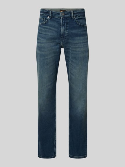 Productfoto, blauwe denim Straight Fit Jeans uit katoenmix model 'RE.MAINE BO CHANGE' van BOSS Orange, regular fit met label patch, klinknagels, riemlussen, knoop- en ritssluiting, 5-pocket-design.