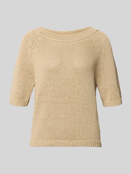 Produktfoto, beiger Strickpullover aus Leinen-Mix mit Baumwoll-Anteil, 1/2-Arm, Regular Fit, Rundhalsausschnitt, Luisa Cerano