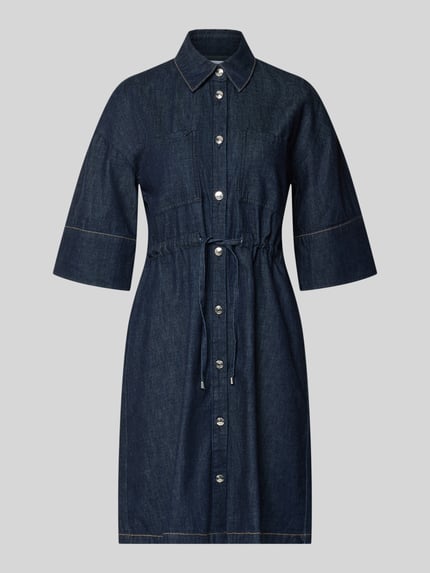 Produktfoto, Knielanges Jeanskleid mit Brusttaschen von Comma, dunkles Denim, mit Hemdblusenkragen, Knopfleiste, Bindegürtel, Reine Baumwolle, Gerader-Schnitt, strukturierte Oberfläche