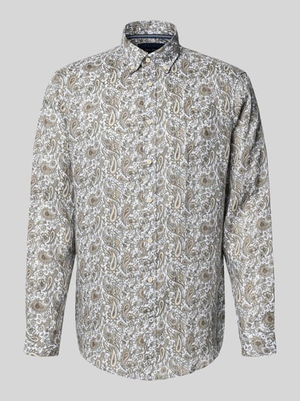 Produktfoto, Regular Fit Leinenhemd aus reinen Leinen von Christian Berg Men z nadrukiem paisley na całej powierzchni, kołnierzyk typu button down, długie rękawy, sportowe mankiety, listwa guzikowa, długość tyłu w rozmiarze M: 80 cm, szerokość w rozmiarze M: 50 cm, długość rękawów w rozmiarze M: 66 cm