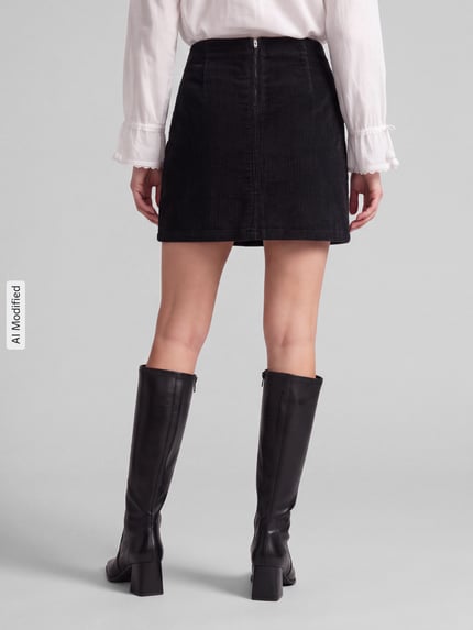 Vrouwenmodel draagt zwarte rok van katoenmix model 'LULA' van VERO MODA met ribtextuur, Dames minirok, volledig zicht van achteren, KI-modificeerd beeld.