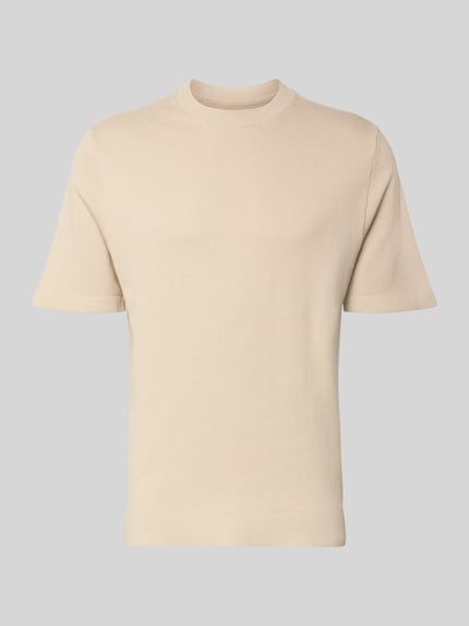 Produktfoto, beiges Strickshirt mit Rundhalsausschnitt und Label-Detail, gerader Schnitt, Baumwoll-Mix, Strickshirt mit Label-Detail Modell 'MILANO' von Jack & Jones Premium