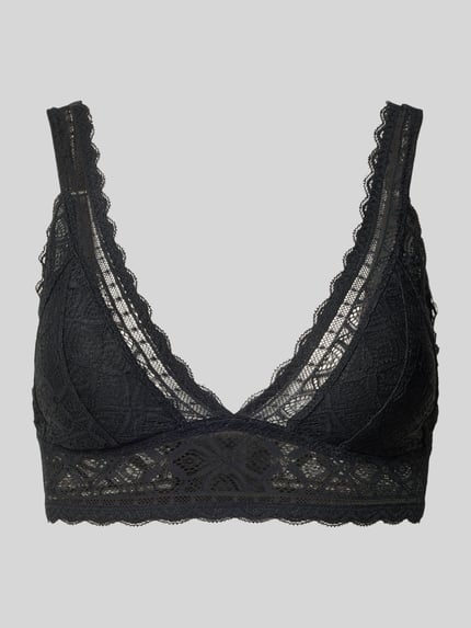 Produktfoto, schwarzer BH mit Spitzendetails von Jake*s Casual, zarte Spitzenstruktur und transparente Texturen vor grauem Hintergrund.