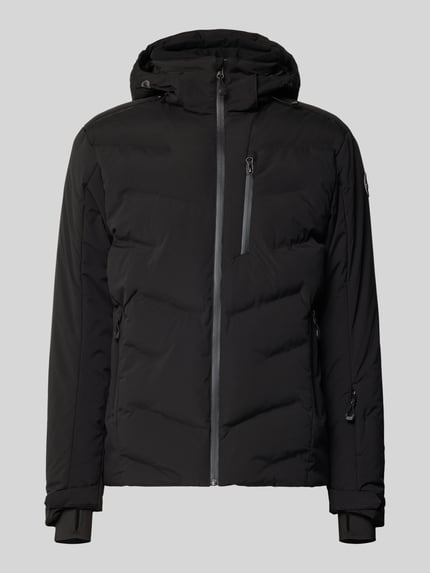 Produktfoto, schwarze Herren Jacke mit Kapuze, Modell 'FOLEY' von Icepeak, Regular-Fit, Reißverschluss, Reißverschlusstaschen, Label-Detail, glatte Struktur