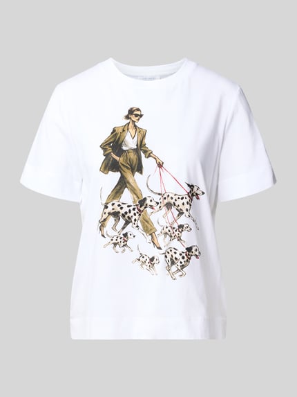 Produktfoto, Regular Fit T-Shirt aus reiner Baumwolle von Rich & Royal, weiß mit Motiv-Print und Strasssteinbesatz, Damenmodell