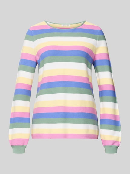 Produktfoto, Strickpullover aus reiner Baumwolle von Christian Berg Woman mit bunten Streifen, lockerer Passform und Ballonärmeln in Strick-Optik