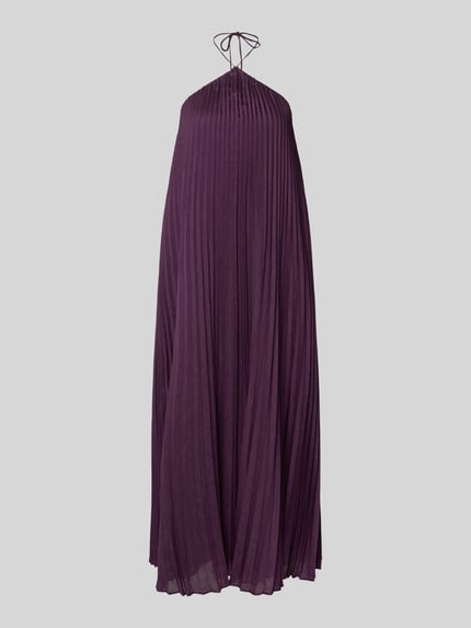 Produktfoto, Cocktailkleid mit Leinen-Anteil von Jake*s Cocktail, Lyocell-Mix, ausgestellter Schnitt, Midikleid mit Plisseefalten und Schnürung, Farbe dunkelviolett