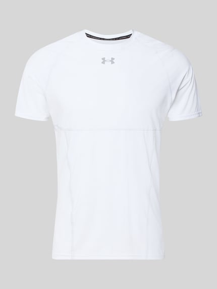 Produktfoto, T-Shirt mit Logo-Print und Raglanärmel von Under Armour, weiß, Material-Mix mit Stretch-Anteil, Elite Fit, Rundhalsausschnitt, Rückenlänge bei Größe M 69 cm.