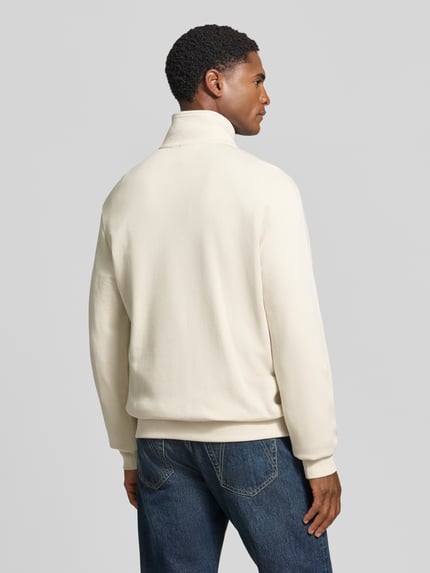 Männermodel trägt Relaxed Fit Sweatshirt aus elastischem Baumwoll-Mix von Napapijri, helle Farbe, elastische Abschlüsse, Ganzkörperansicht Rückansicht.