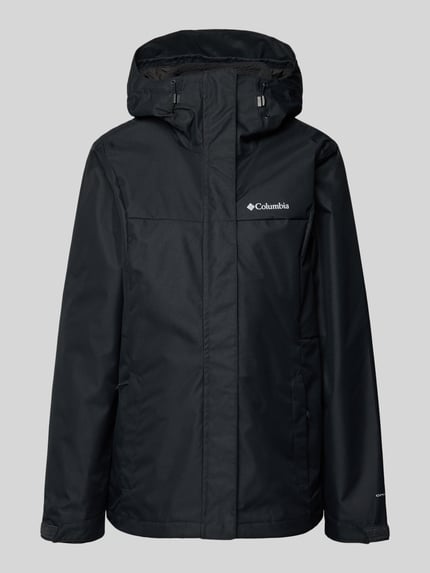 Produktfoto, schwarze Regular Fit Jacke mit Logo-Print Modell 'Hikebound' von Columbia, glatte Struktur, leicht glänzend, gerade Form, Damen Jacke mit Tunnelzug, Rückenlänge 75 cm, Schulterbreite 42 cm, Brustweite 52 cm, Ärmellänge 66 cm