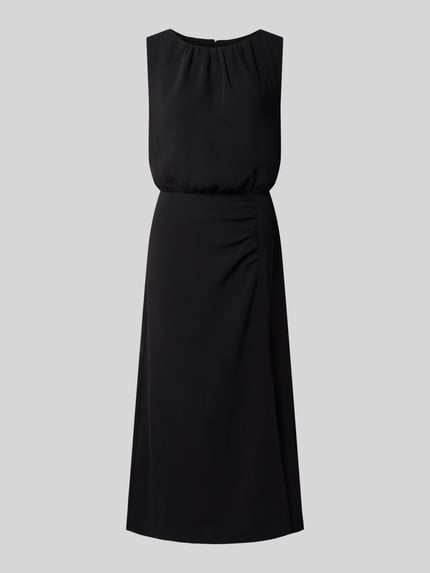 Produktfoto, schwarzes Midikleid mit Raffungen, taillierte Passform, ärmellos, Modell 'Zola' von GUIDO MARIA KRETSCHMER WOMAN, glatte Struktur