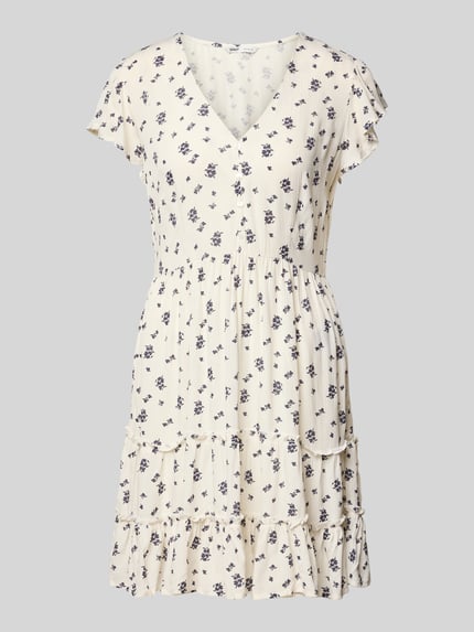 Produktfoto, Tailliertes Freizeitkleid aus reiner Viskose Modell 'CLAUDETTE' von Only, Optik: Allover-Muster, Mini-Länge, Volant-Saum, cremefarbene Webware mit dunklen floralen Prints