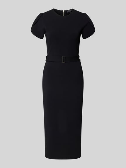 Produktfoto, czarna sukienka midi z mieszanki wiskozy, krój slim fit, okrągły dekolt, pasek, Model 'JULIANY' od Ted Baker