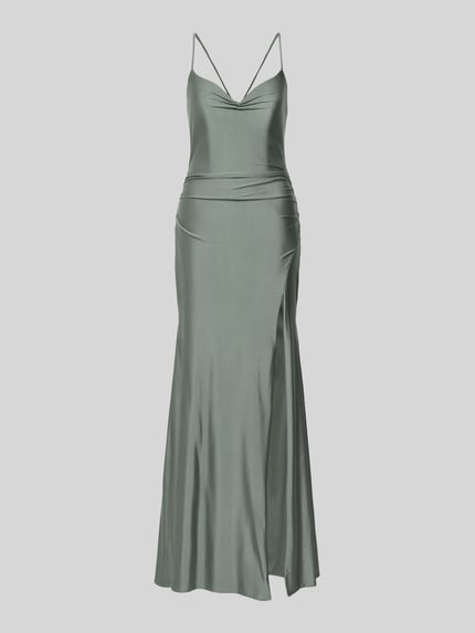 Produktfoto, Slim Fit Abendkleid mit Gehschlitz von Mascara aus grünem Satin mit Schnürverschluss und Spaghettiträgern, glatte Textur