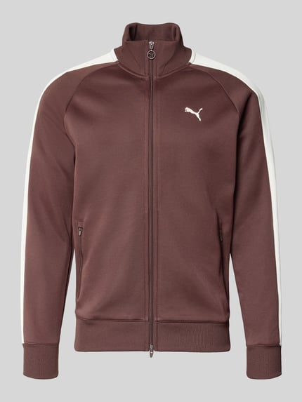 Produktfoto, Sweatjacke mit Label-Print von PUMA PERFORMANCE, mieszanka bawełny, krój regular fit, prążkowane wykończenia, stójka, zamek błyskawiczny, kieszenie zapinane na zamek błyskawiczny, długość tyłu w rozmiarze M 73 cm, długość rękawów w rozmiarze M 52 cm, brązowy z białymi paskami, gładka faktura