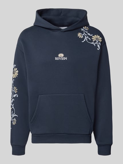 Produktfoto, Relaxed Fit Hoodie mit Känguru-Tasche von REVIEW in Dunkelblau mit floraler Stickerei, Baumwoll-Mix, elastische Abschlüsse