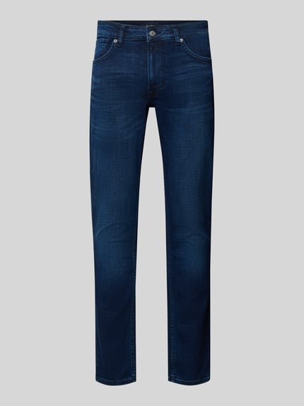 Produktfoto, donkerblauwe tapered fit jeans van katoenmenging, stevige denimstructuur, Tapered Fit Jeans aus Baumwoll-Mix Modell 'Stanley' van Pepe Jeans, heren tapered fit jeans