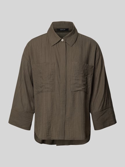 Produktfoto, Regular Fit Bluse aus Viskose-Mix mit 3/4-Arm Modell 'Forna' von OPUS, jednolity brązowy kolor, karbowana faktura, kołnierzyk koszulowy, ukryta listwa guzikowa, kieszenie na piersi, krój regular fit, długość tyłu 64 cm, długość rękawa 40 cm