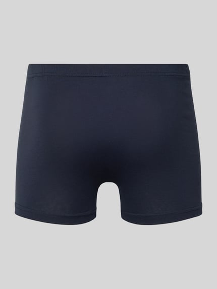 Produktfoto, Trunks mit Stretch-Anteil im 4er-Pack von TOM TAILOR aus dunkelblauem Baumwoll-Elasthan-Mix, schmaler Schnitt, elastischer Bund, Logo.