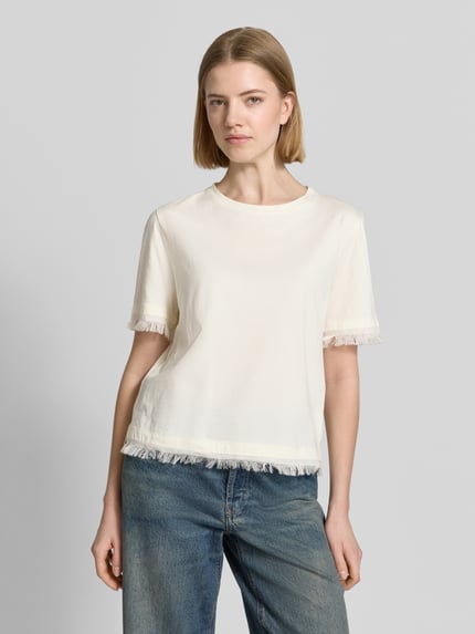 Marc Cain T-shirt z lnu z frędzlami Piaskowy 4