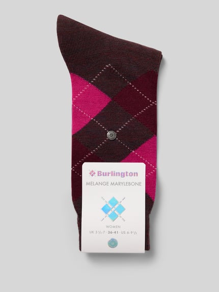 Produktfoto, Socken aus Schurwolle-Mix Modell 'Marylebone' von Burlington, mieszanka żywej wełny, wzór w kratę, detal z logo, prążkowane ściągacze