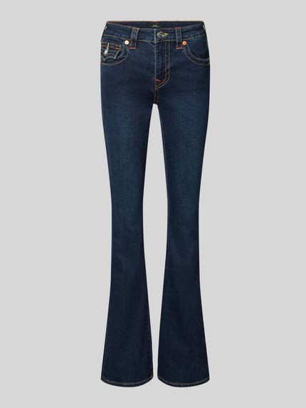 Produktfoto, dunkelblaue Bootcut Jeans aus Baumwoll-Mix Modell 'BECCA' von TRUE RELIGION, Damen Bootcut-Jeans, glatte Textur, sichtbare Nähte