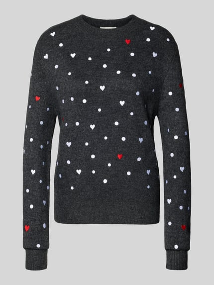 Produktfoto, Regular Fit Strickpullover mit Stickereien van Tom Tailor Denim in effen antraciet breisel, ronde hals, lange mouwen, hart- en stipborduursels, geribde boorden.