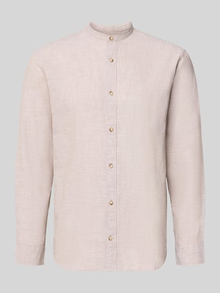Productfoto, Regular Fit vrijetijdsoverhemd uit mix van katoen en linnen van Jack & Jones model 'SUMMER LINEN BLEND', opstaande kraag, knoopsluiting, ruglengte maat M 75 cm, schouderbreedte 46 cm, mouwlengte 65 cm.