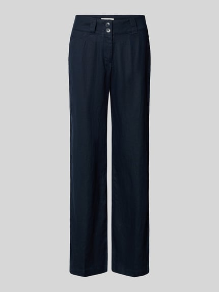 Produktfoto, dunkelblaue Leinenhose mit Eingrifftaschen von Christian Berg Woman, Regular Fit, reine Leinenstruktur, grauer Hintergrund.